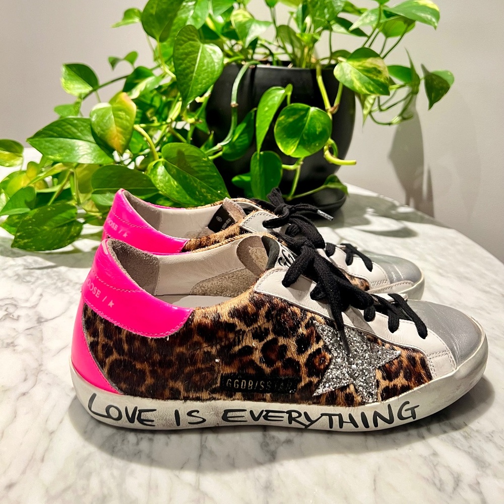 Golden Goose leopard pony hair glitter sneakers size 38